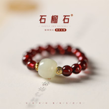 天然石榴石微弹指环小众设计感 复古文艺橄榄核手工DIY编织男女款