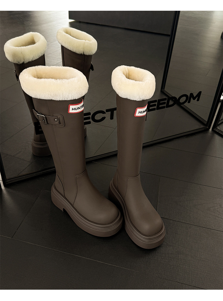 Boot nữ cổ cao ôm bắp chân lót lông cừu ấm áp đế dày da bò — màu đen chi tiết 21