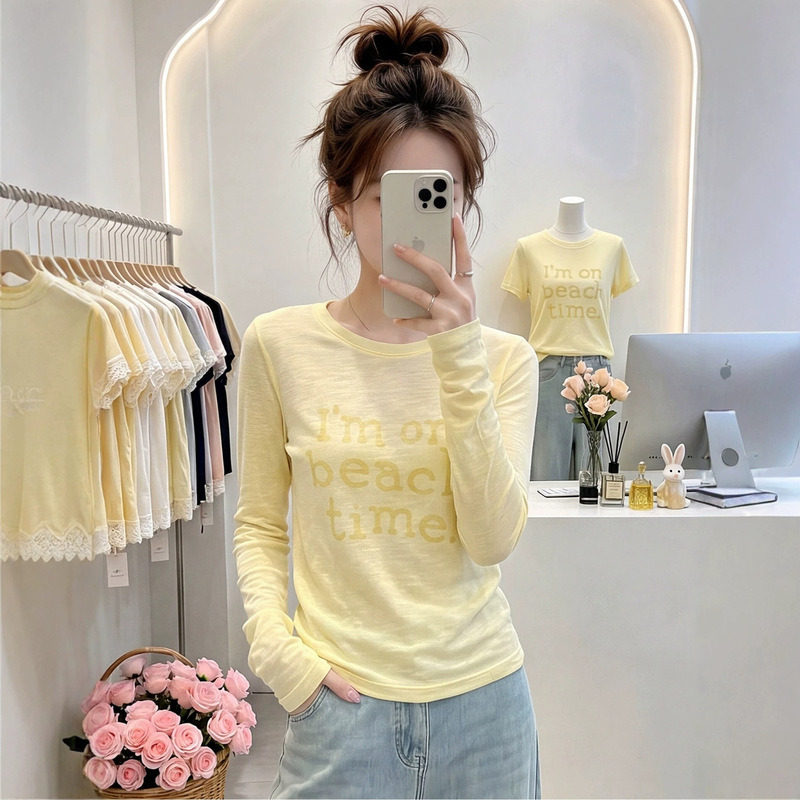 Yellow letter print long-sleeve t-shirt 2026, unique and beautiful design, sun-protective sheer top, loose-fitting outerwear for women