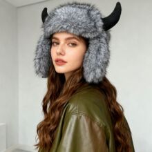 牛角雷锋帽男女冬季保暖加绒大头围加厚护耳帽东北仿貂毛搞怪帽子