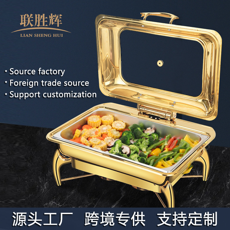 Estufa de autoservicio de acero inoxidable transfronterizo, restaurante de aislamiento de hotel dorado visual, calefacción eléctrica de alcohol dorado, estufa Bufi