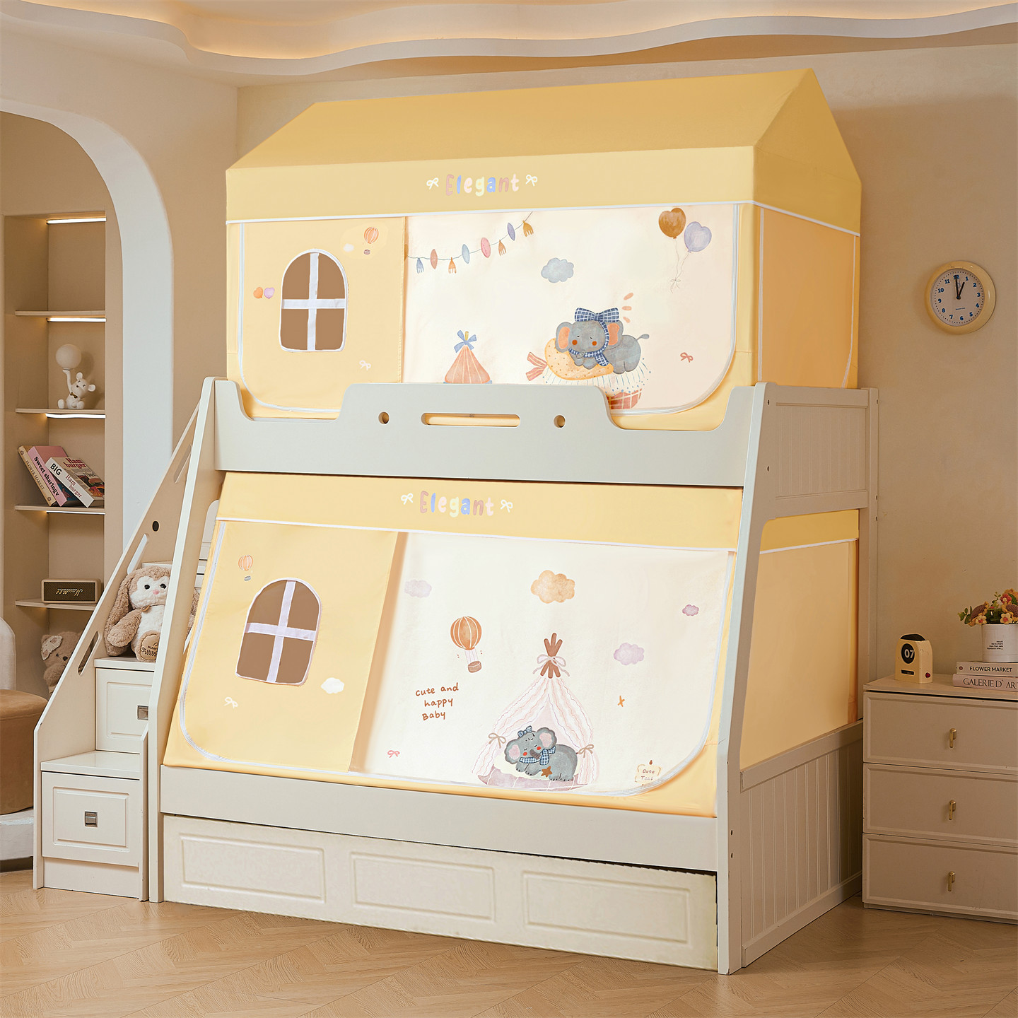 Cama de tipo A con ventanas de dibujos animados para niños y niñas, cama de mosquiteros reforzada para evitar la caída de la cama cortina de cama para niños y niñas