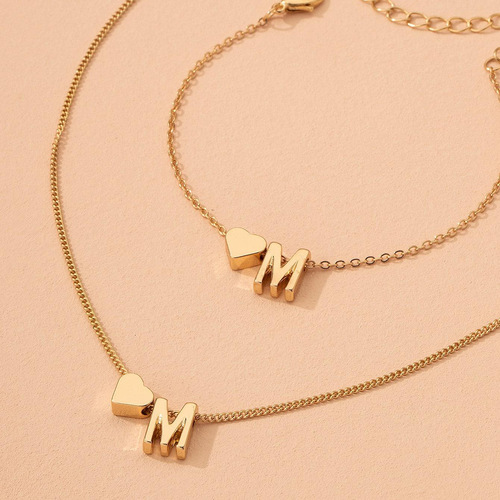 Euro-American Ins English Letter Jewelry Set Retro Fashion Metal Heart Letter M Necklace Bracelet Set for Women