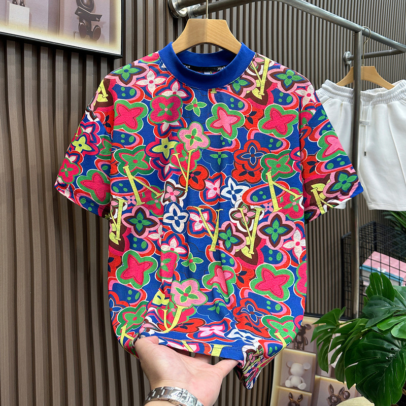 2026 Summer High-End Men's Trendy Brand Colorful Floral Letter Pattern Short-Sleeved T-Shirt Loose Round Neck Top Trendy