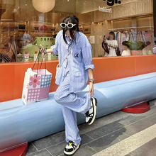 韩国小众潮牌restandrecreation宽松休闲RR条纹长裤+刺绣衬衫套装