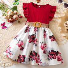 2025夏季新款女童连衣裙韩版飞飞袖花朵印花拼接公主裙+腰带