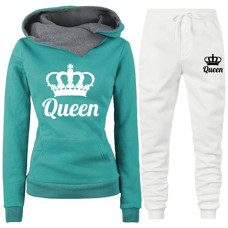 Spring And Autumn Women's Sweatshirt Two-Piece QUEEN Print Tracksuit Hoodie Jogging Set Sports Pants_voghion.com