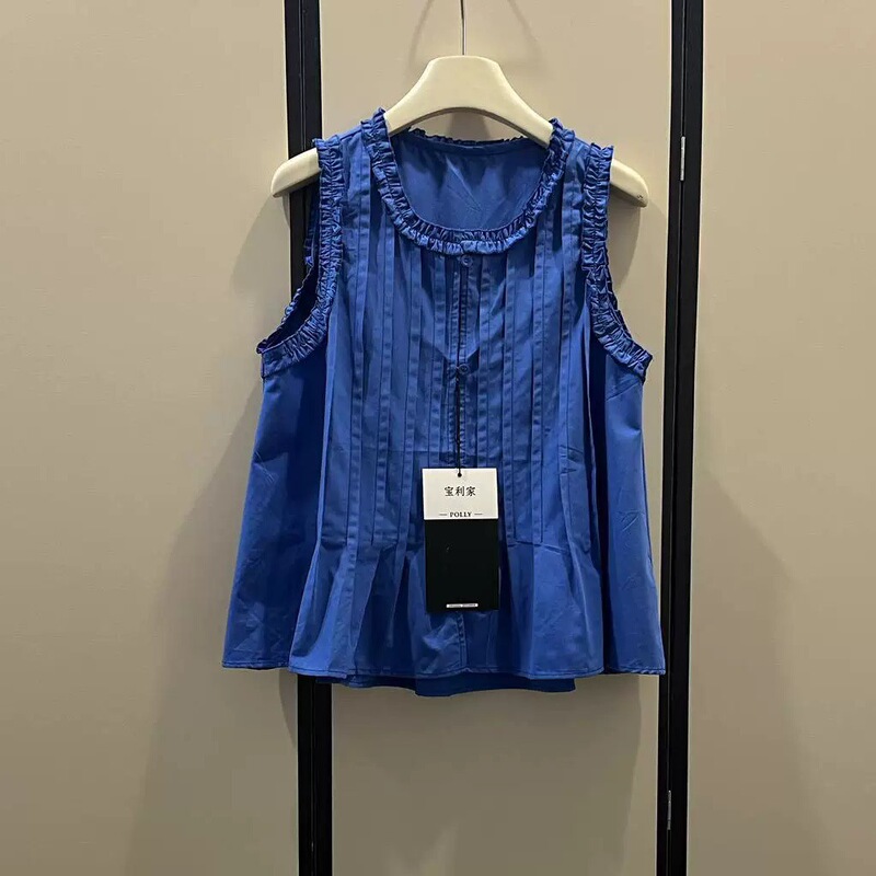 Korean-style pleated ruffled blue tank top for women, summer ruffle babydoll shirt, tummy-concealing skirted sleeveless top