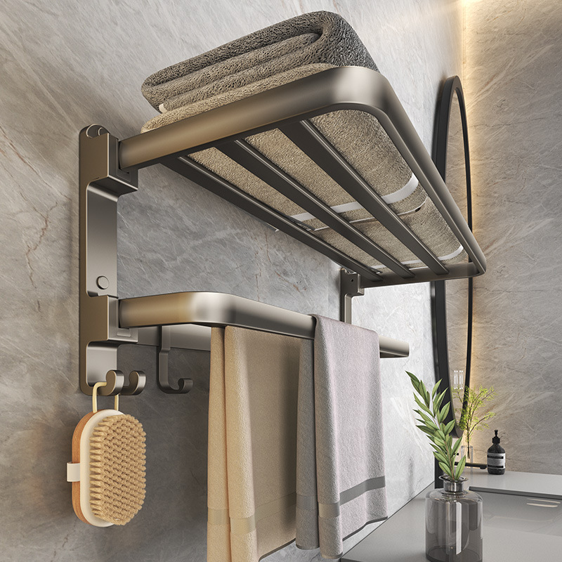 Espacio de aluminio toalla rack punch-libre inodoro plegable inodoro pistola gris toalla rack pared colgante inodoro doble capa