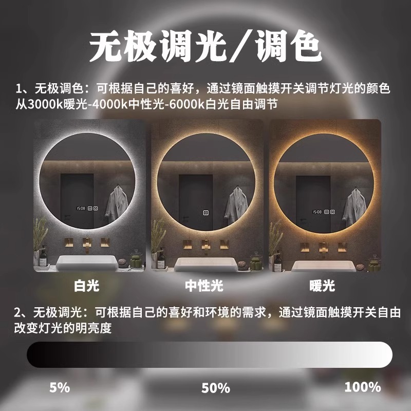 Espejo de baño inteligente redondo led espejo de baño espejo de baño espejo anti-fog inodoro espejo de maquillaje pared pared transfronterizo