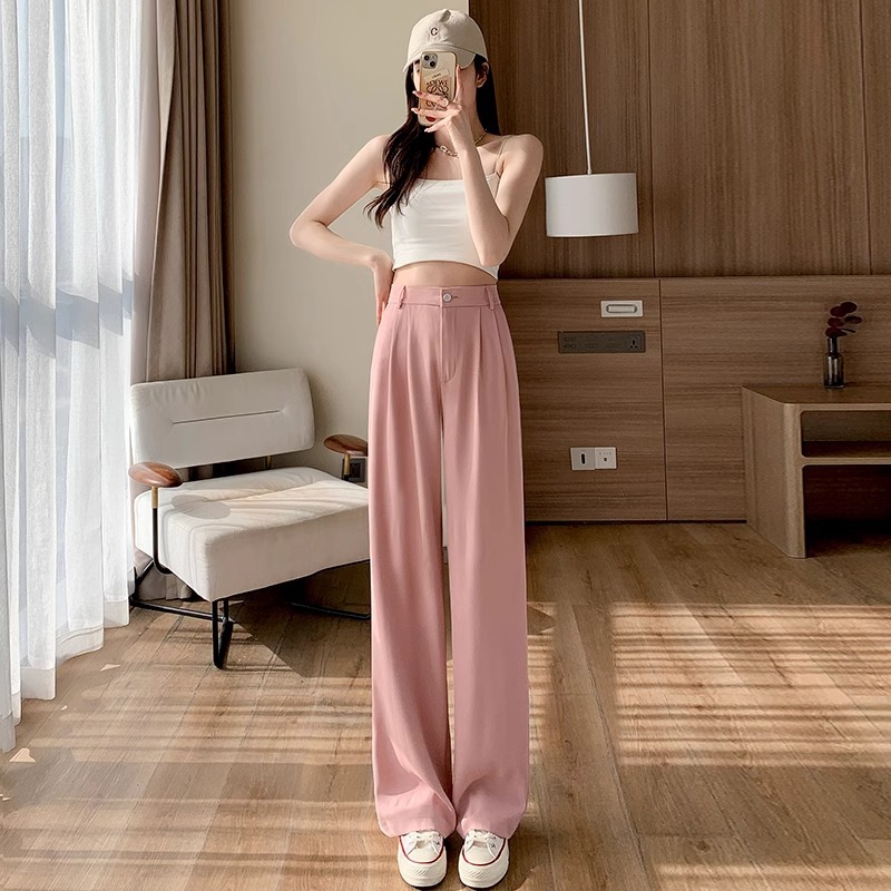 Pantalones de piernas anchas de hielo rosa primavera y verano delgados pantalones de traje de cintura alta, pequeños pantalones casuales de chiffon
