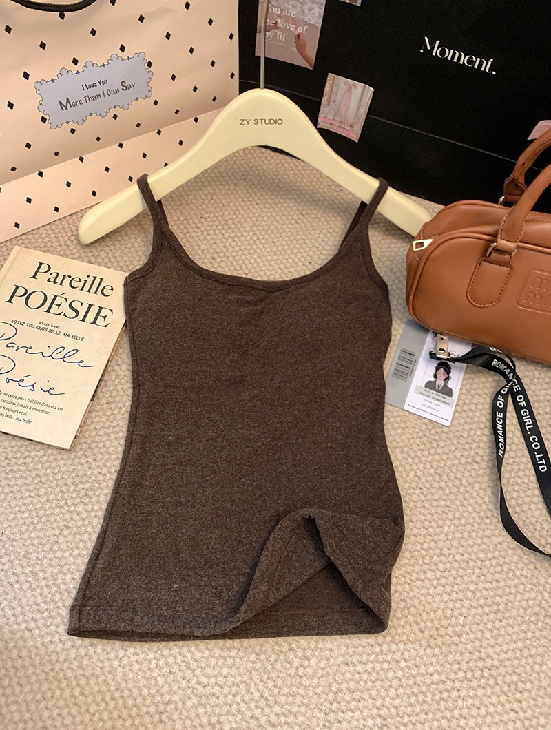 秋冬韓国風起毛キャミソールレディース胸パッド付きボトムストップス痩身発熱サーマル下着ショートスタイル