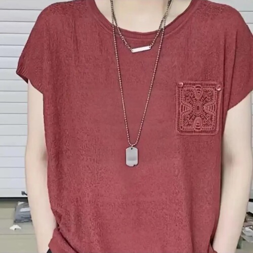 2025 lazy summer new style women's wear with decorative button pockets, short-sleeved, pure color loose round collar and foreign-style top