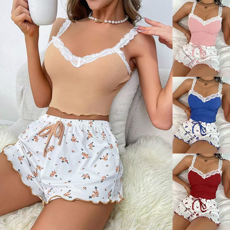 Cross-Border Independent Station European and American Lace Suspender Shorts Suit Threaded Pit Strips Comfortable Elastic Casual Women's Home Wear