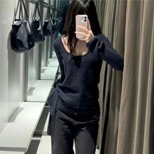 Z家 2023冬女士内搭打底衫深蓝色绑带大U领针织衫毛衣上衣5755122