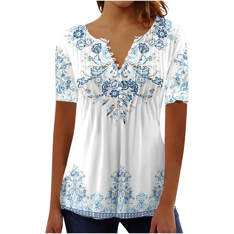 New European and American Cross-Border 2024 Summer Floral Buttons Smocked Elegant Short-Sleeved Women's T-Shirt