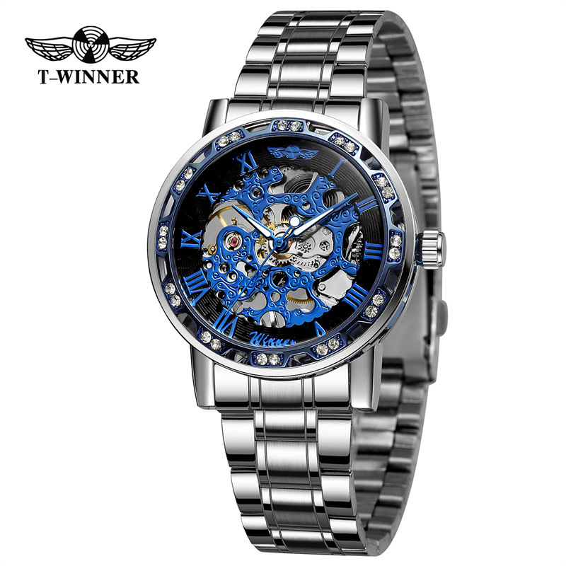 T-WINNER8012 nuevo fresco zafiro azul movimiento mecánico semiautomático regalo de los hombres de acero correa de reloj