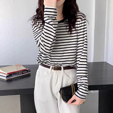 2025秋冬季新款爆款巨显瘦宽松长袖t恤女黑白条纹时尚上衣打底衫
