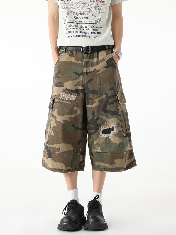 Summer Camouflage Ripped Cargo Denim Shorts Men's American Street Loose Versatile Casual Washed Wide-Leg Cropped Pants