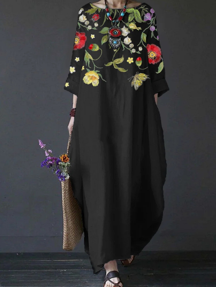 Independent Brand Printed Women's Clothing, European And American Three-quarter Sleeve Midi Dress, Floral Bohemian_ecoleips.com