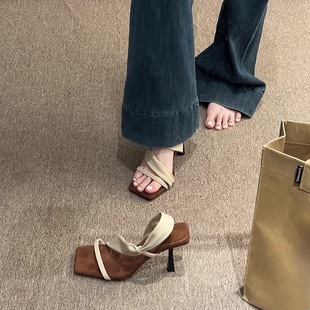 Retro Sexy Style ~ French Square-Toe High-Heeled Slippers for Women to Wear in Summer, Korean Style Strap Open-Toe Stiletto Sandals