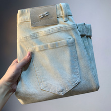 高奢男士牛仔裤夏季薄款斜纹弹力小直脚休闲裤潮流通勤百搭裤子男