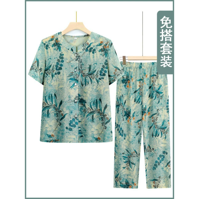 Летний костюм бабушки с короткими рукавами, рубашка из ледяного шелка для женщин среднего и пожилого возраста, летняя повседневная одежда для мам для старух.