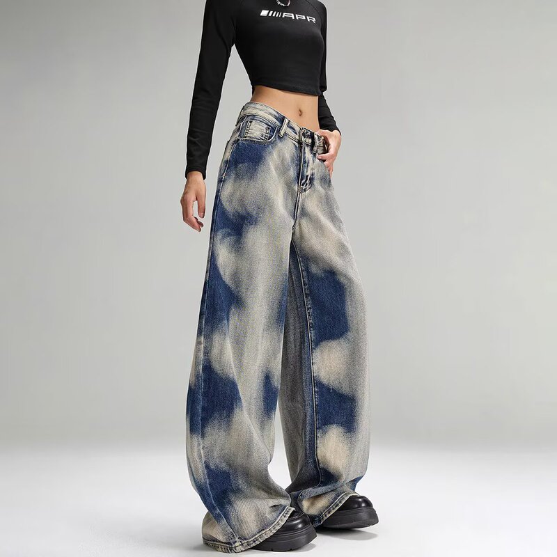 2025 European and American High Street Pants Women's Design Sense Niche Street vibe Retro Loose Tie Dye Wide Leg Jeans 2025 European and American High Street Pants Women's Design Sense Niche Street vibe Retro Loose Tie Dye Wide Leg Jeans