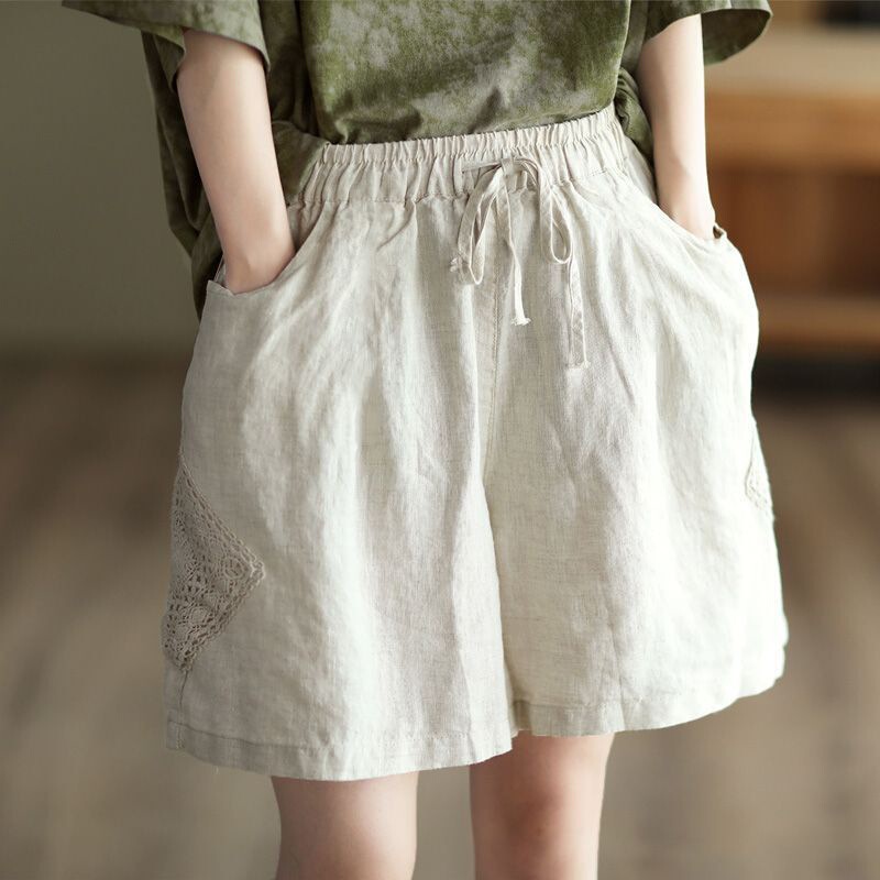 Women's Summer New Vintage Hollow-Out Crochet Cotton-Linen Shorts, Artistic Five-Point Pants, Loose Plus-Size Slimming Straight-Leg Pants Women's Summer New Vintage Hollow-Out Crochet Cotton-Linen Shorts, Artistic Five-Point Pants, Loose Plus-Size Slimming Straight-Leg Pants