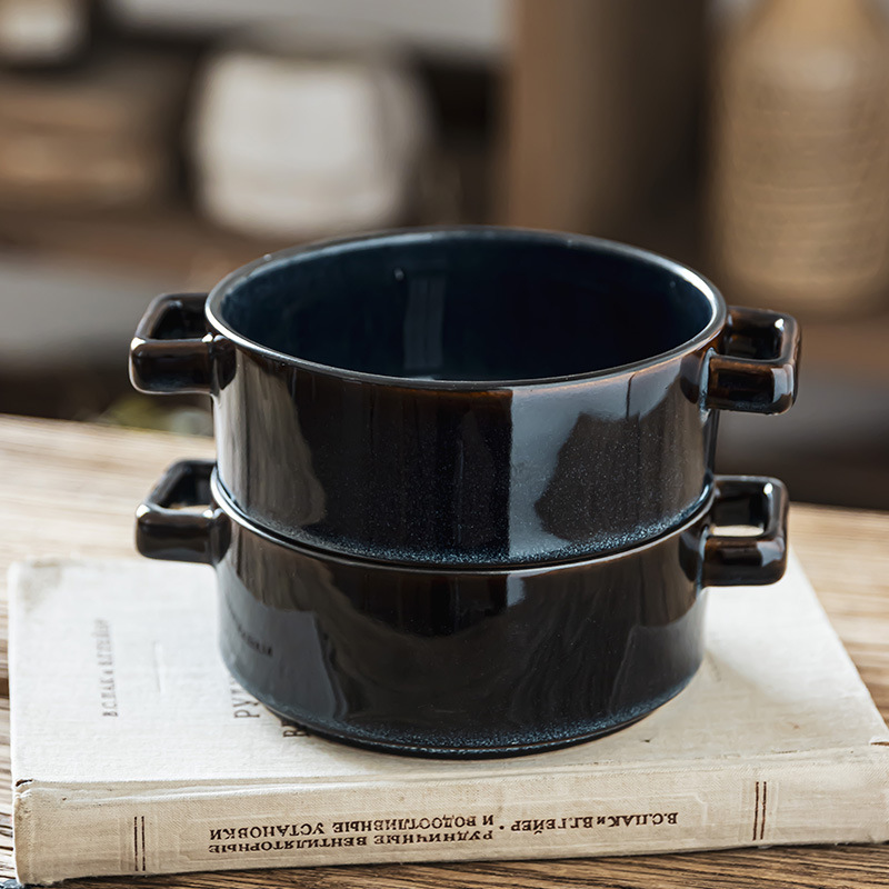 Retro hielo agrietado esmalte cerámico dos oídos tazón tazón de frutas tazón de restaurante tazón de platos cubiertos tazón de bocadillos redondo tazón de fideos