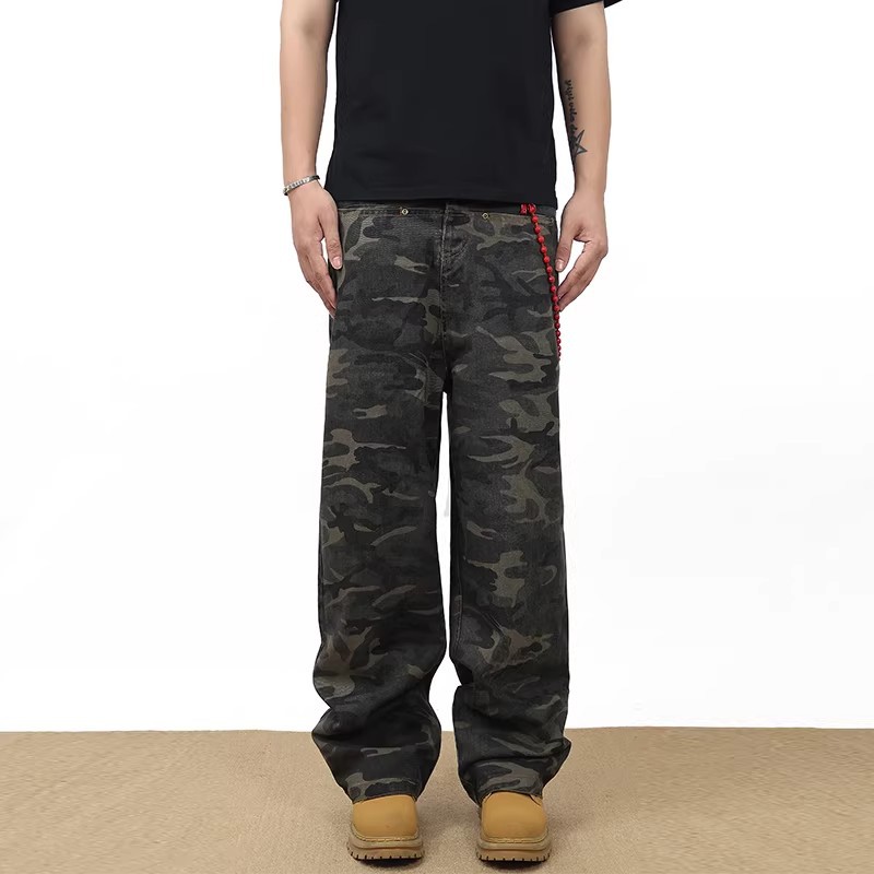 Men's Clothing Unisex Camouflage Print Jeans Loose Straight Leg Wide Leg Washed Distressed Vintage American High Street Style Trendy Clothing_mkmklike.com