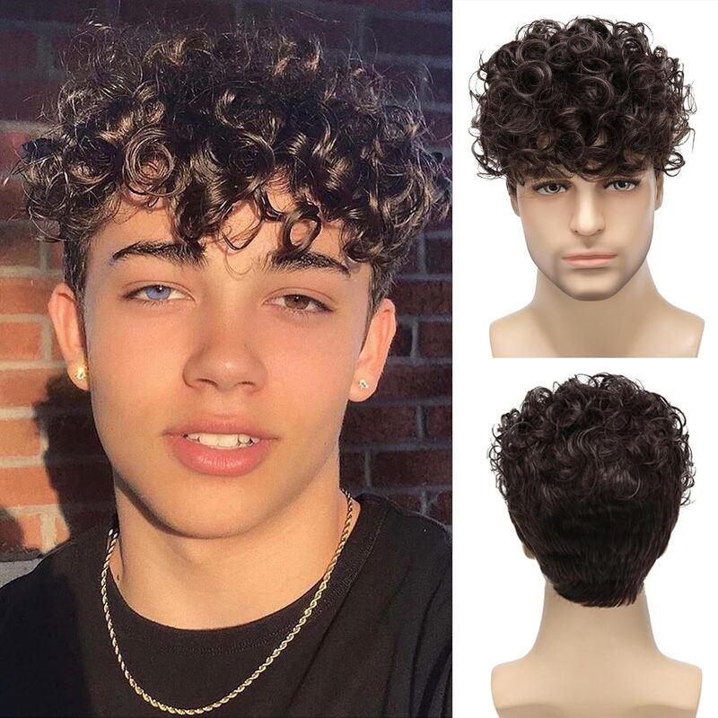 Cross-Border Wig European and American Men's Brown Short Curly Hair Fashionable Small Curly Hair Chemical Fiber Headgear Manufacturer Ready for Delivery