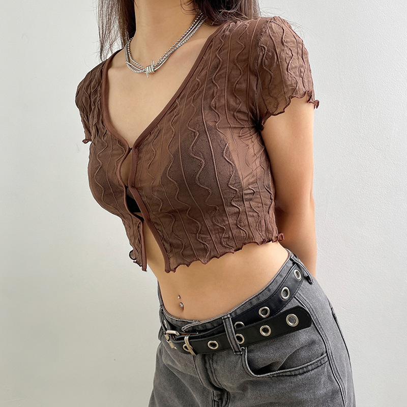 solid color lace see-through short-sleeved crop top NSGXF129144