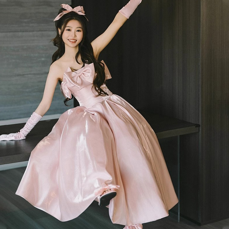 Morning Gown, Coming-Of-Age Ceremony Dress, Bridal Dress, Pink Princess Dress, Evening Gown, A-Line Strapless Dress, Elegant and Graceful