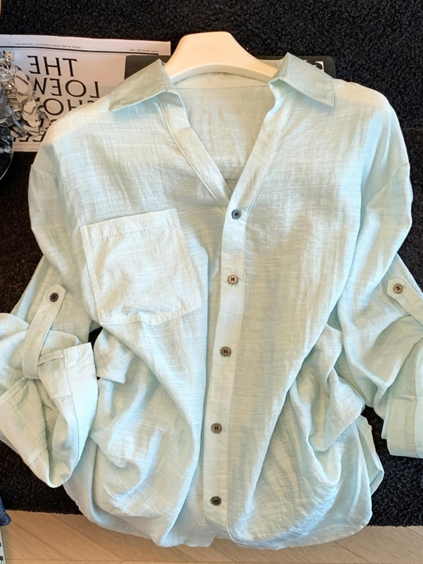 Áo sơ mi chống nắng nữ dài tay dáng rộng chất liệu linen thoáng mát — xanh lam