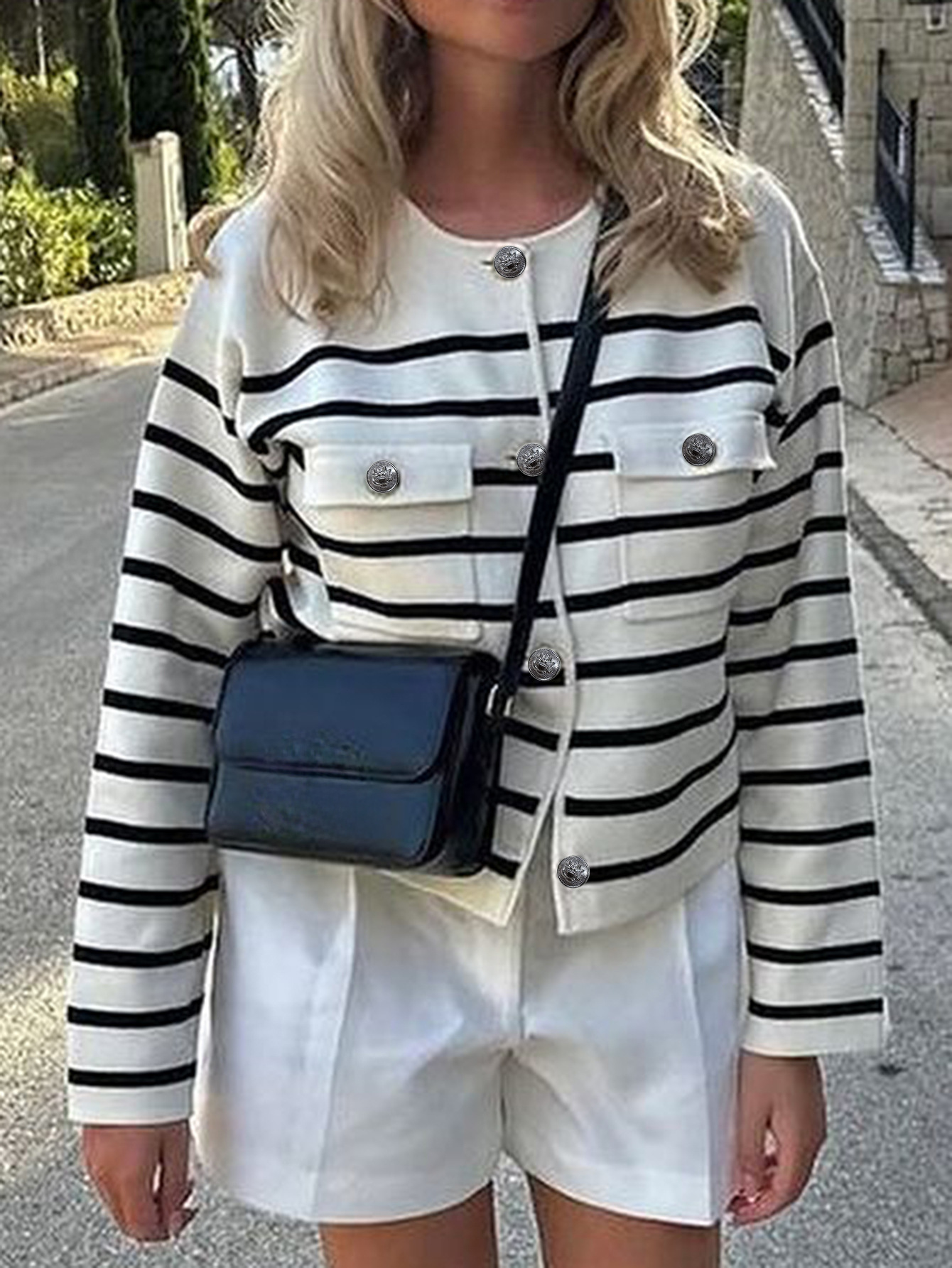 Kaikuo2025 otoño y invierno nuevo estilo transfronterizo Europa y Estados Unidos botón de lana a rayas bolsillo cómodo suéter casual mujer Amazon