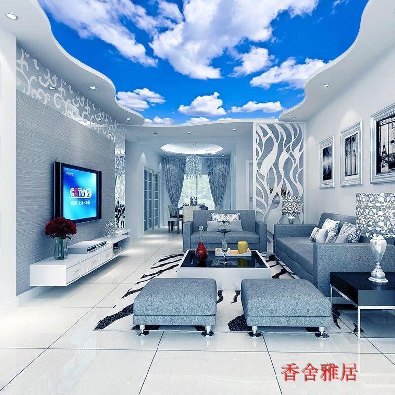 3D立体蓝天白云墙纸客厅天花板壁纸餐厅酒店吊顶棚屋顶天空壁画|undefined