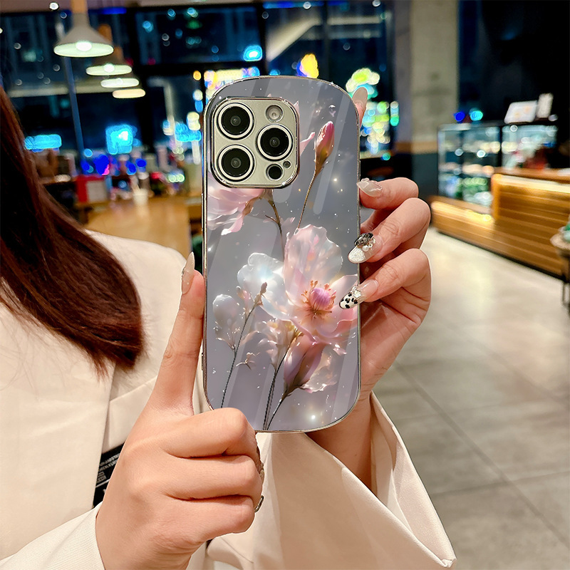 Apple 16 Mobile Phone Case Electroplated Glass Iphone15Promax Shield 11/12/14Plus Pink White Tulip
