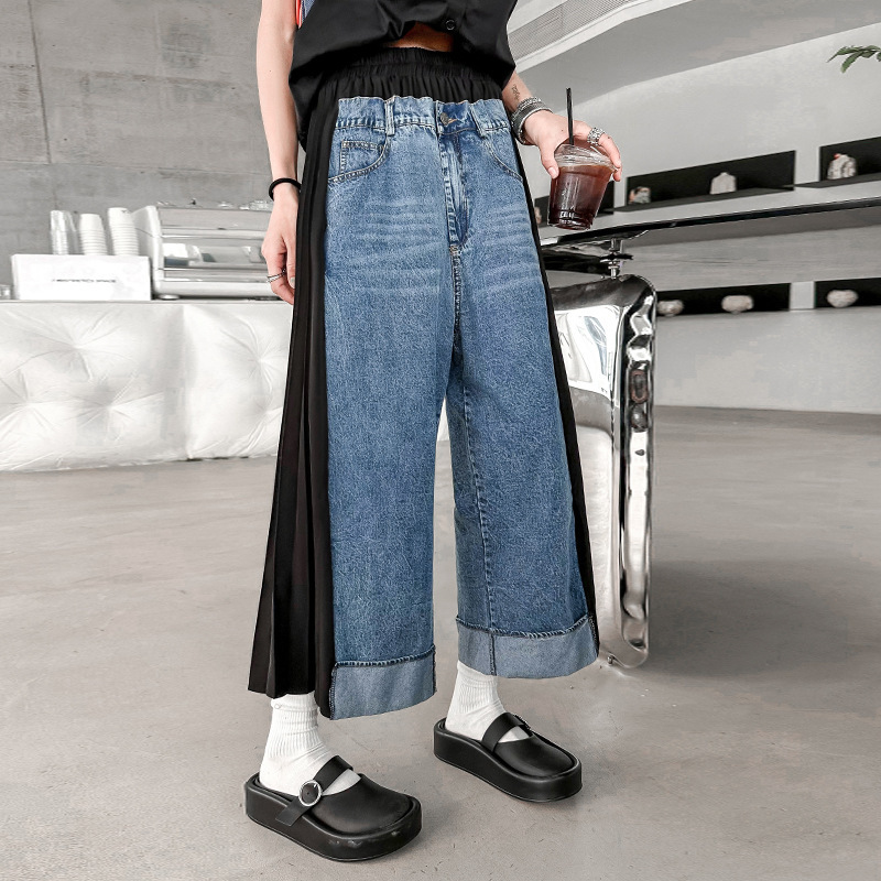 Retro Hong Kong style contrast color stitching pleated casual jeans women's spring and summer loose small ocean temperament straight cropped pants