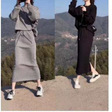 Autumn plus size Sweater suit Women's Skirt Sports Casual Meat Covering Slimming Two-piece chubby girl 1.00 kg-150.00 kg