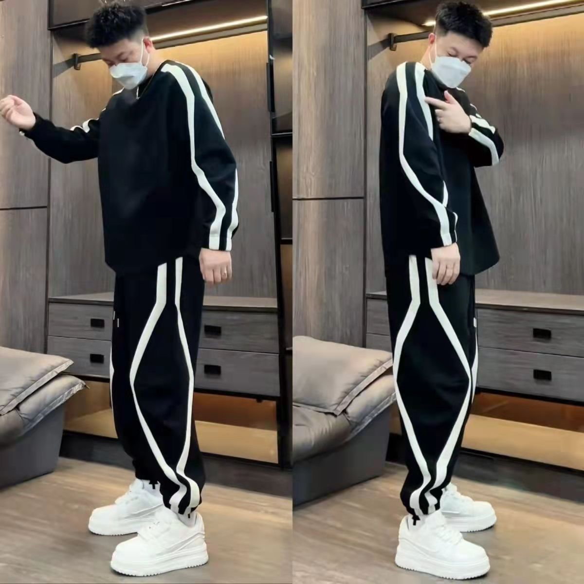 New cross-border spring and autumn striped patchwork crew neck sweatshirt and sweatpants two-piece men's trendy loose sports casual suit