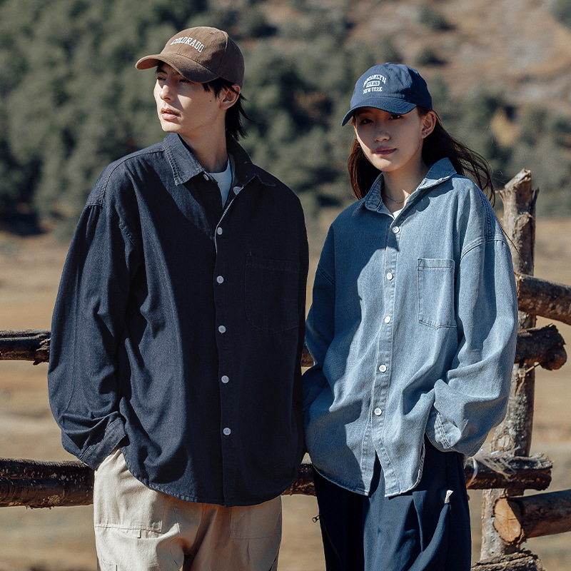 Camisa de Mezclilla de Manga Larga Estilo Montaña Retro para Hombre Hanlu, Camisa Informal Holgada y Versátil de Primavera para Hombre, Chaqueta Camisa Lavada