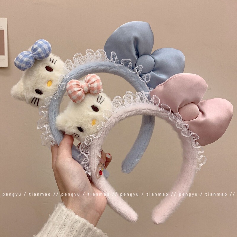 Lace Kt Cat Plush Headband Cute Bow Headband 2026 New Style Cartoon Hair Accessories for Women for Washing Face, Makeup and Photography