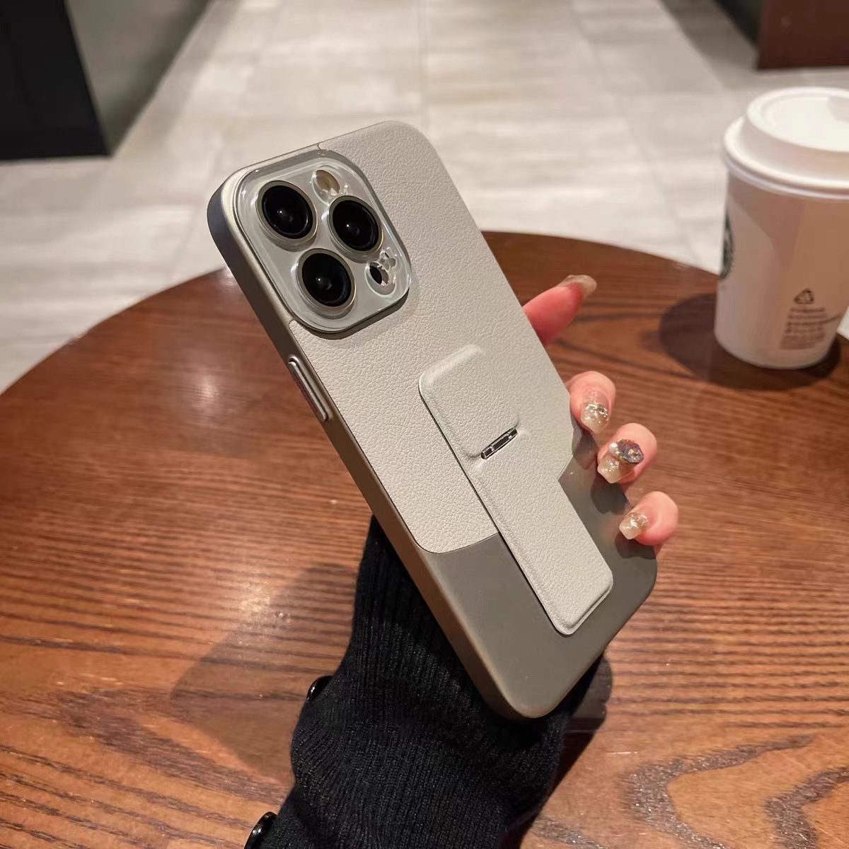 Película de lente de soporte de costura de patrón de litchi gris titanio js3