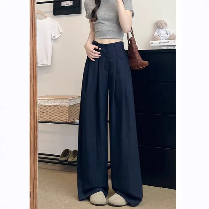 Navy Blue Tencel Linen Suit Pants for Women, Summer Thin High-Waisted Drapey Petite Casual Cotton-Linen Wide-Leg Pants