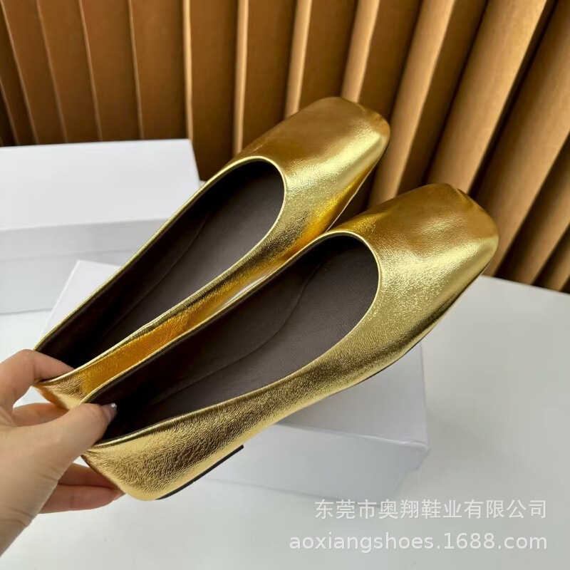 工厂现货row 家同款无标超软小牛皮方头极简平底单鞋舒适奶奶鞋女|undefined