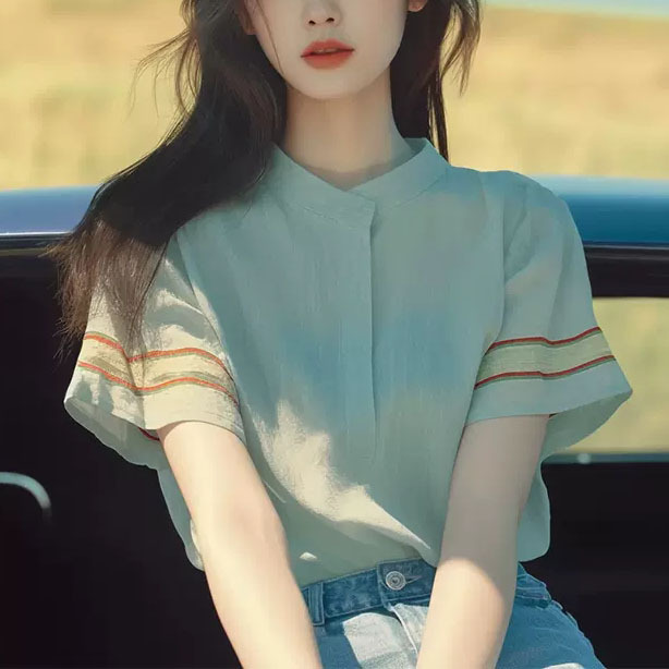 Early Summer Popular Beautiful Shirt Qi Hao Mi No.6 Shop Fashionable Artistic Fresh Green Striped Short-sleeved Shirt for Women