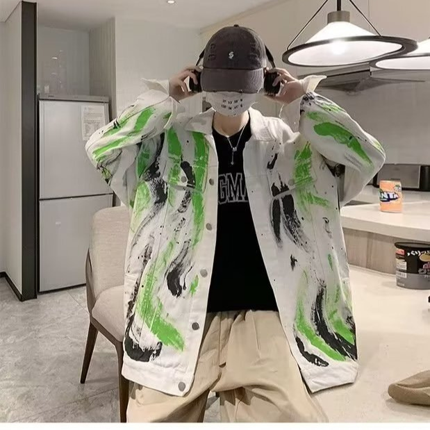 Autumn Ins Hong Kong Style Graffiti White Denim Jacket Men's Design Jacket Trendy Brand Loose Student Denim Jacket