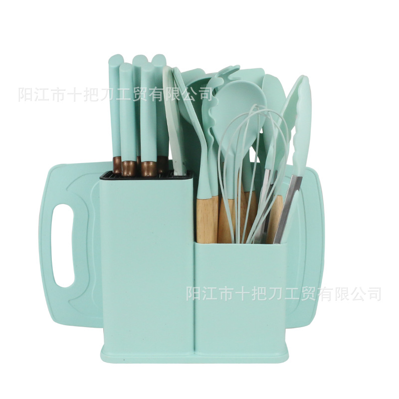 Instantánea de silicona resistente a altas temperaturas utensilios de cocina no pegajosos de silicona almacenamiento de barril 19 piezas conjunto conjunto de cocina integrado