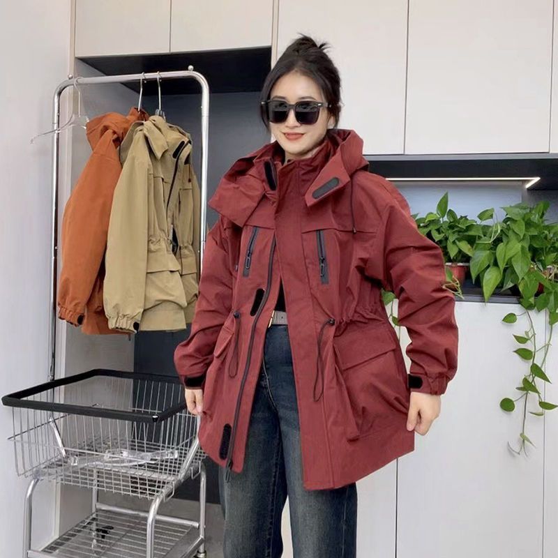 欧洲站收腰连帽米白色工装外套女上衣运动风衣外套早春冲锋衣|undefined